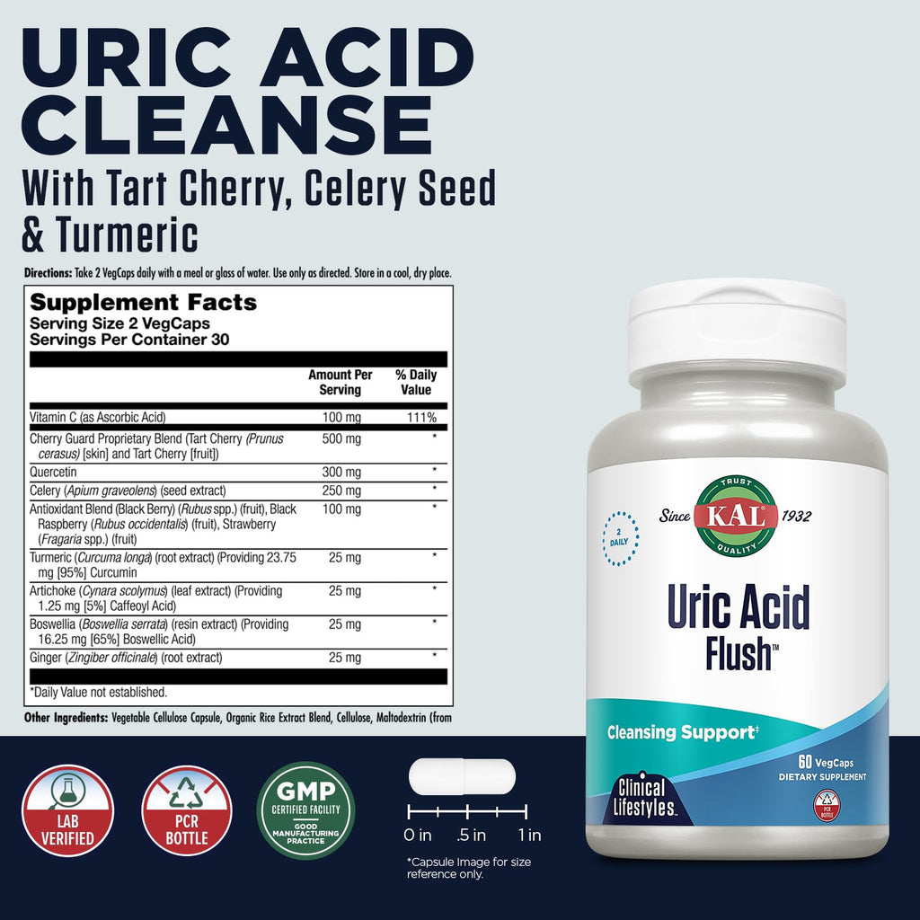 KAL Uric Acid Flush | Tart Cherry Blend, Celery Seed & More for Healthy Joint Comfort Support | 30 Servings | 60 VegCaps