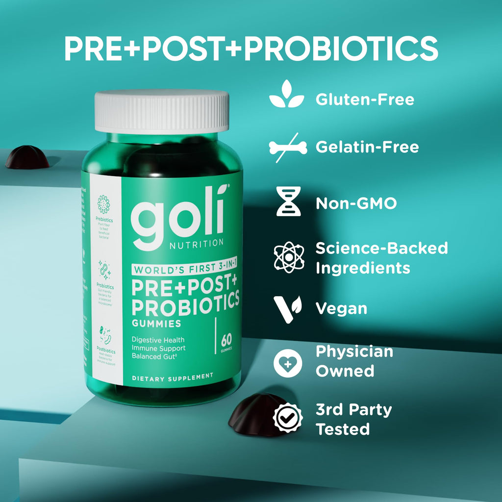 Goli Pre Pro Postbiotic Gummies - Worlds First 3-in-1 Formula with DE111 Probiotics, XOS Prebiotics, MCC1849 Postbiotics - Vegan, Non-GMO, Gluten-Free, 180 Count (3 Pack)