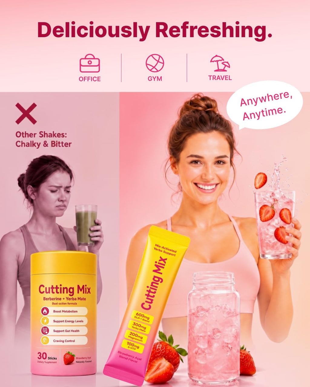 Cutting Drink Mix – Craving & Metabolism Support, Strawberry Açaí 30 Sticks