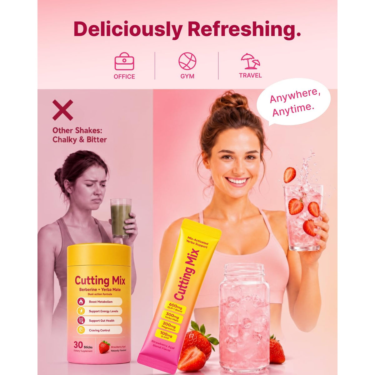 Cutting Drink Mix – Craving & Metabolism Support, Strawberry Açaí 30 Sticks