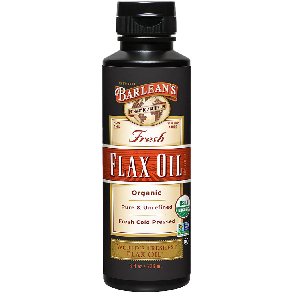 Barlean's Organic Flaxseed Oil, 7640mg ALA Omega-3, Cold-Pressed, 32oz | Fresh cold-pressed flax seeds, ALA omega 3-6-9, Vegan, Non-GMO, Gluten-free, Unrefined, 32 oz value size, Heart & skin