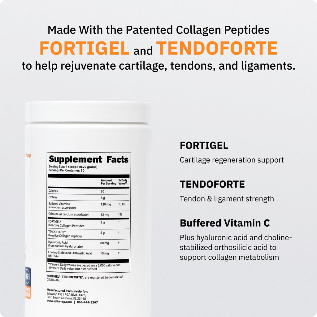 SaltWrap Collagen Synthesis Peptides for Joints, Tendon & Ligament Recovery | Cartilage repair collagen powder supplement. Features patented Tendoforte and Fortigel. Unflavored, NSF Certified bone health