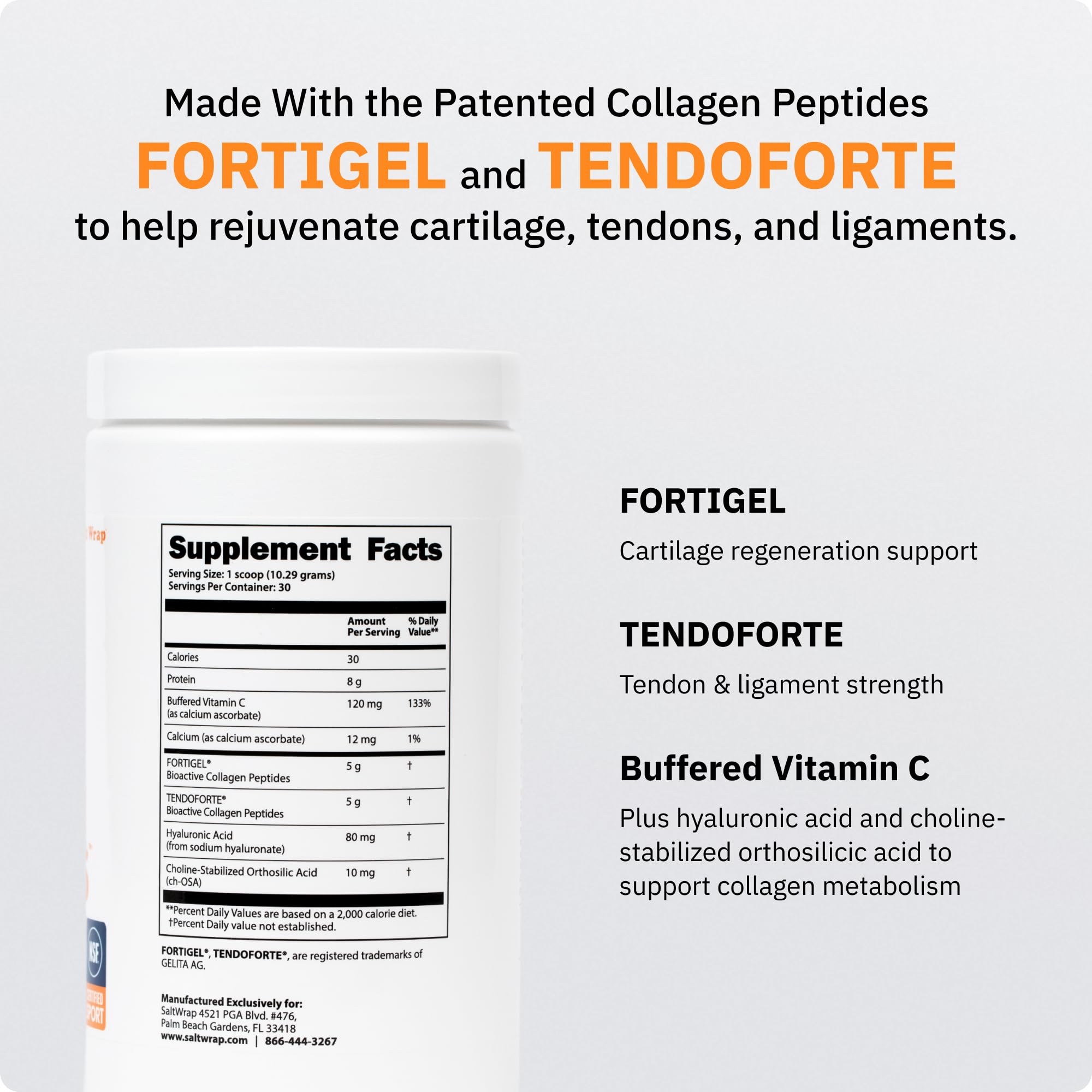 SaltWrap Collagen Synthesis Peptides for Joints, Tendon & Ligament Recovery | Cartilage repair collagen powder supplement. Features patented Tendoforte and Fortigel. Unflavored, NSF Certified bone health