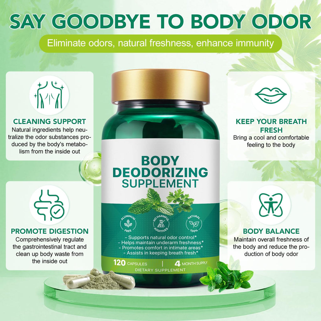 Chlorophyll Body Deodorizing Supplement 120Pcs for Digestion/Gut Health Support, Internal Deodorant Capsules for Overall Freshness, Underarms, Intimate Areas, Private Parts, Natural & Safe Formula|