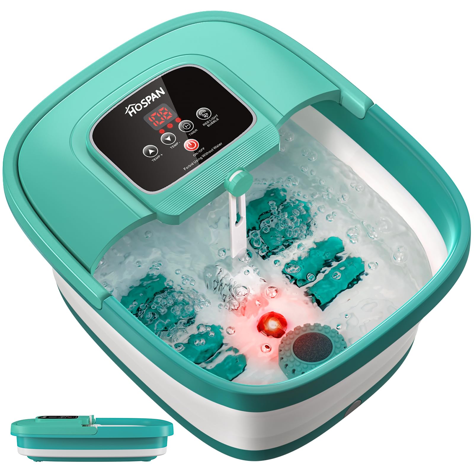 HOSPAN Collapsible Foot Spa, Foot Bath Massager with Heat, Bubble & Massage | 8 Shiatsu Rollers, 95°F-118°F Temp Control, Red Light, Handle, Space-Saving Collapsible Design, for Stress Relief