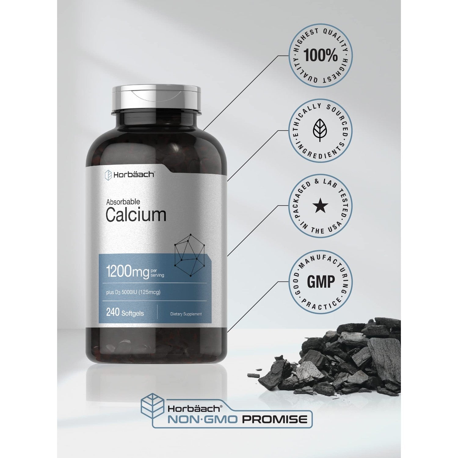 Horbäach Calcium 1200 mg with Vitamin D3 | 240 Softgels | 5000IU Vitamin D3 | Absorbable Calcium Supplement for Women and Men | Non-GMO, Gluten Free
