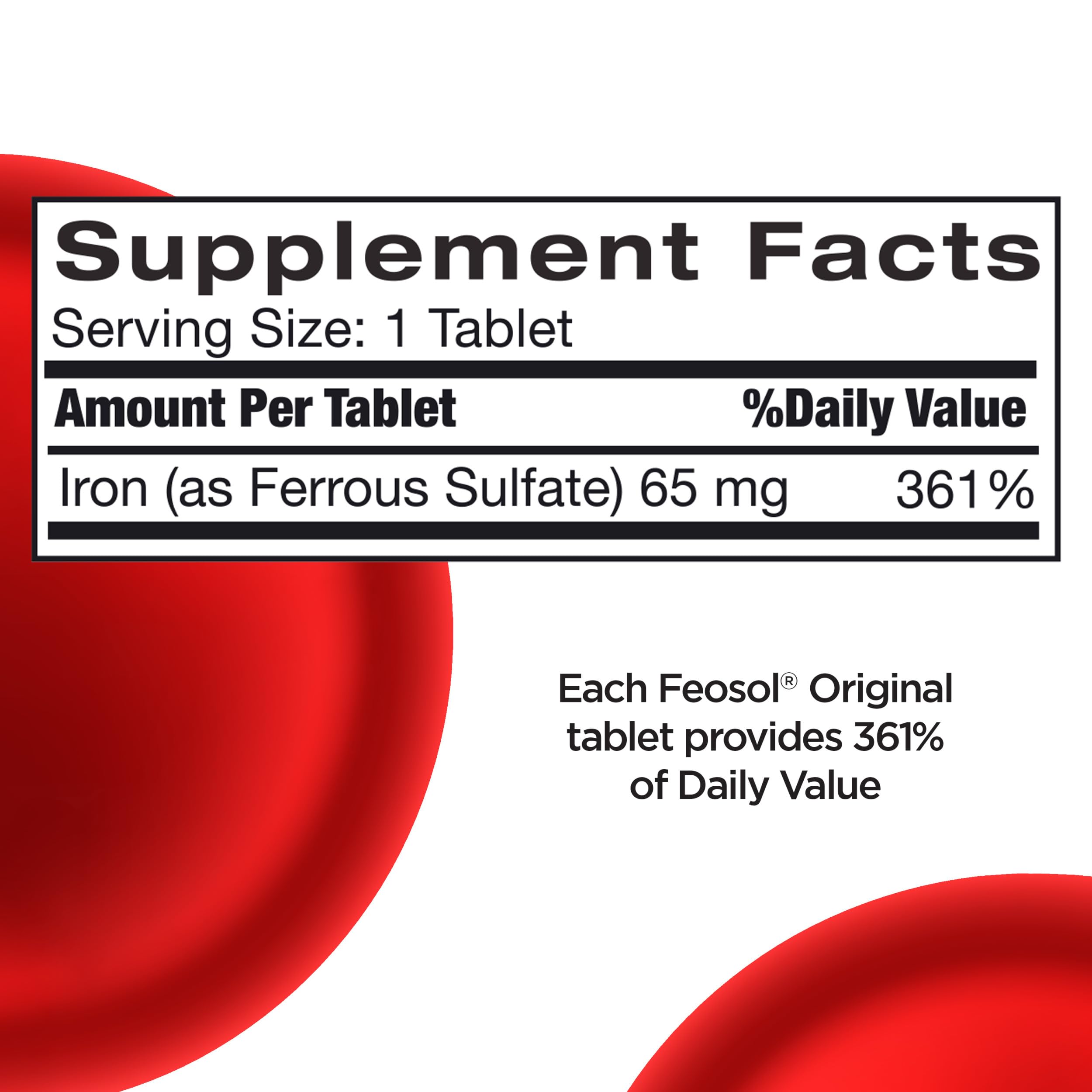 Feosol Original Iron Supplement Tablets, Non-heme, 65mg Iron per Pill, 1 Per Day, 120ct, 4 Month Supply, for Energy and Immune System Support, Made in USA | Iron supplements for energy and immune system support, small coated ferrous sulfate tablets