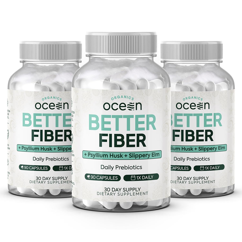 Organics Ocean Better Fiber - Daily Fiber Supplement - Soften Stool for Effortless Bowel Movements - with Psyllium Husk and Slippery Elm - 3 Bottles