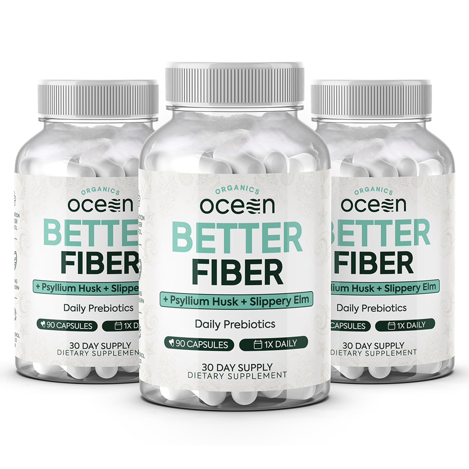 Organics Ocean Better Fiber - Daily Fiber Supplement - Soften Stool for Effortless Bowel Movements - with Psyllium Husk and Slippery Elm - 3 Bottles