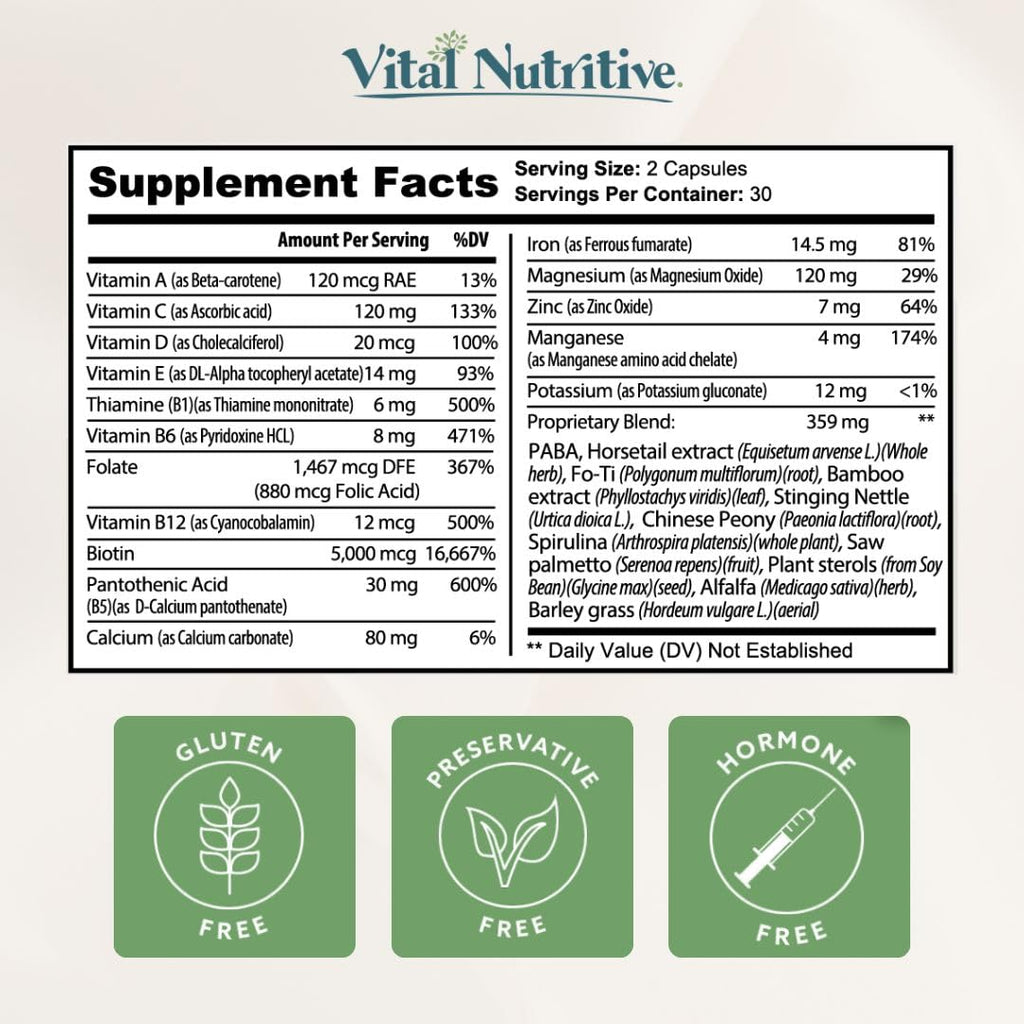 VITAL NUTRITIVE Biotin Hair Growth Vitamins - Hair, Skin & Nails Supplement | Biotin&Vitamin B Complex Blend, Thicker, Stronger Hair, Skin and Nails, Hormone Free, Gluten Free, Non-GMO, 60 Count