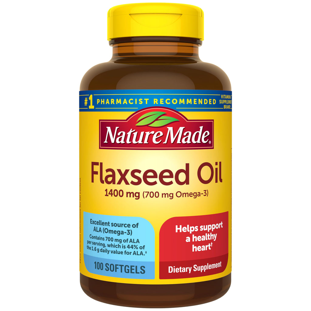 Nature Made Extra Strength Flaxseed Oil 1400 mg Softgels, 100 Softgels | Fish Free Omega 3 Supplement for Men and Women, Dietary Supplement for Heart Health Support, Gluten Free, 100 Day Supply