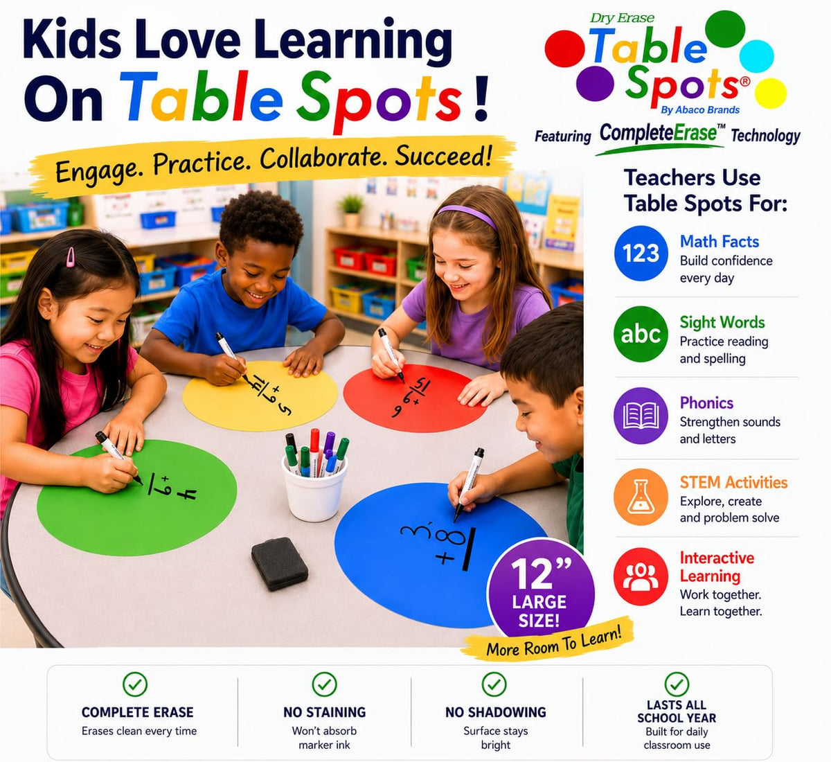 NEW Larger Size! | The Original Table Spots for Teachers | No Staining, No Shadowing, Complete Erase! Dry Erase, 10 Pack Multicolor Circles, Wall Stickers, Decals