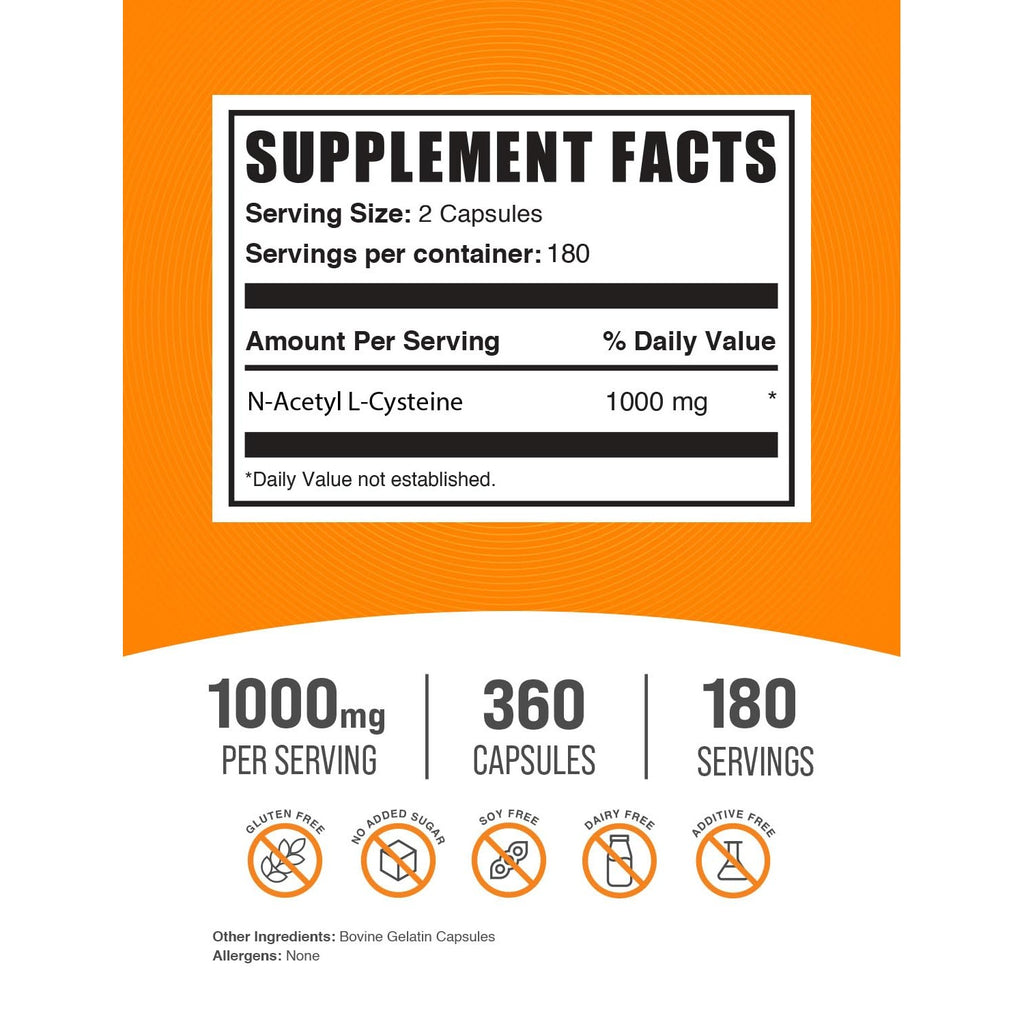 BulkSupplements.com NAC 1000 mg Capsules - N-Acetyle Cysteine 1000mg, NAC Supplement, NAC1000mg - NAC Capsules, Gluten Free - 2 Capsules per Serving, 180-Day Supply, 360 Capsules