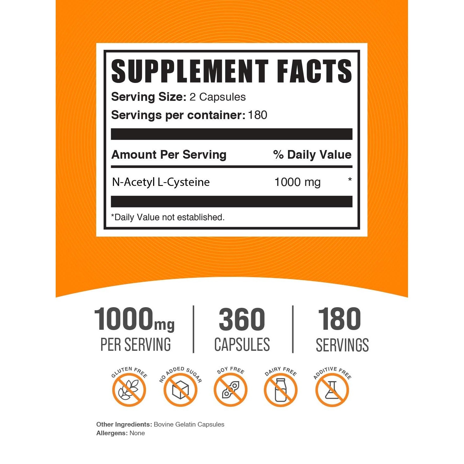 BulkSupplements.com NAC 1000 mg Capsules - N-Acetyle Cysteine 1000mg, NAC Supplement, NAC1000mg - NAC Capsules, Gluten Free - 2 Capsules per Serving, 180-Day Supply, 360 Capsules