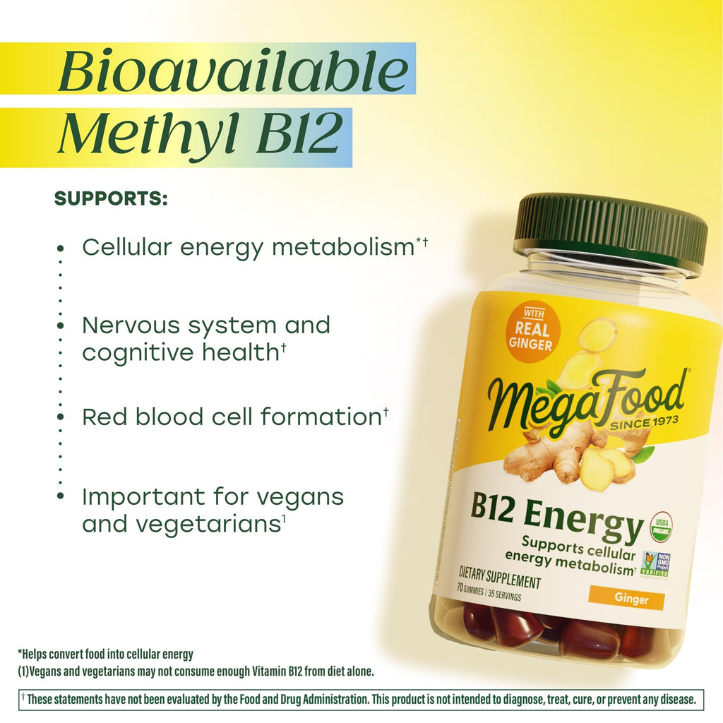 MegaFood Vitamin B12 Energy Gummies, USDA Organic, Ginger, 70 Gummies