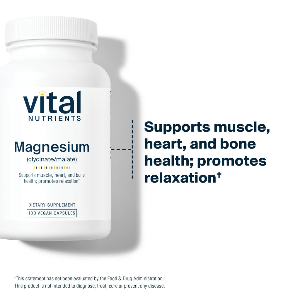 Vital Nutrients Magnesium Glycinate + Malate - 120mg Vegan Magnesium Supplement for Women and Men - Muscle, Heart, Bone Support* - Promotes Relaxation - Gluten, Dairy and Soy Free - 100 Capsules