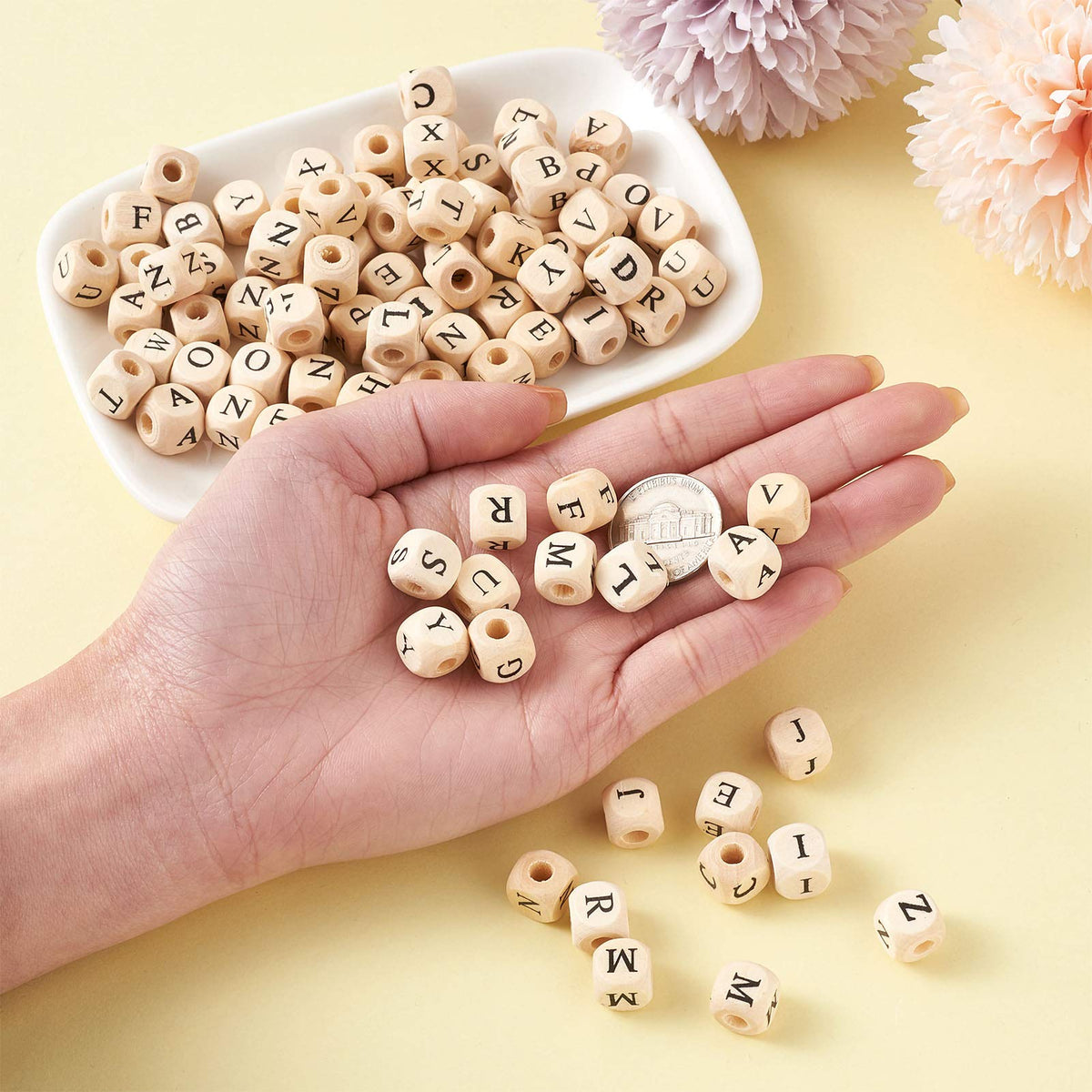 KISSITTY 520pcs/bag Cube Wood Beads with Initial 26 Letters 10mm Natural Square Alphabet Wooden Loose Beads for Jewelry DIY Crafts Making PapayaWhip