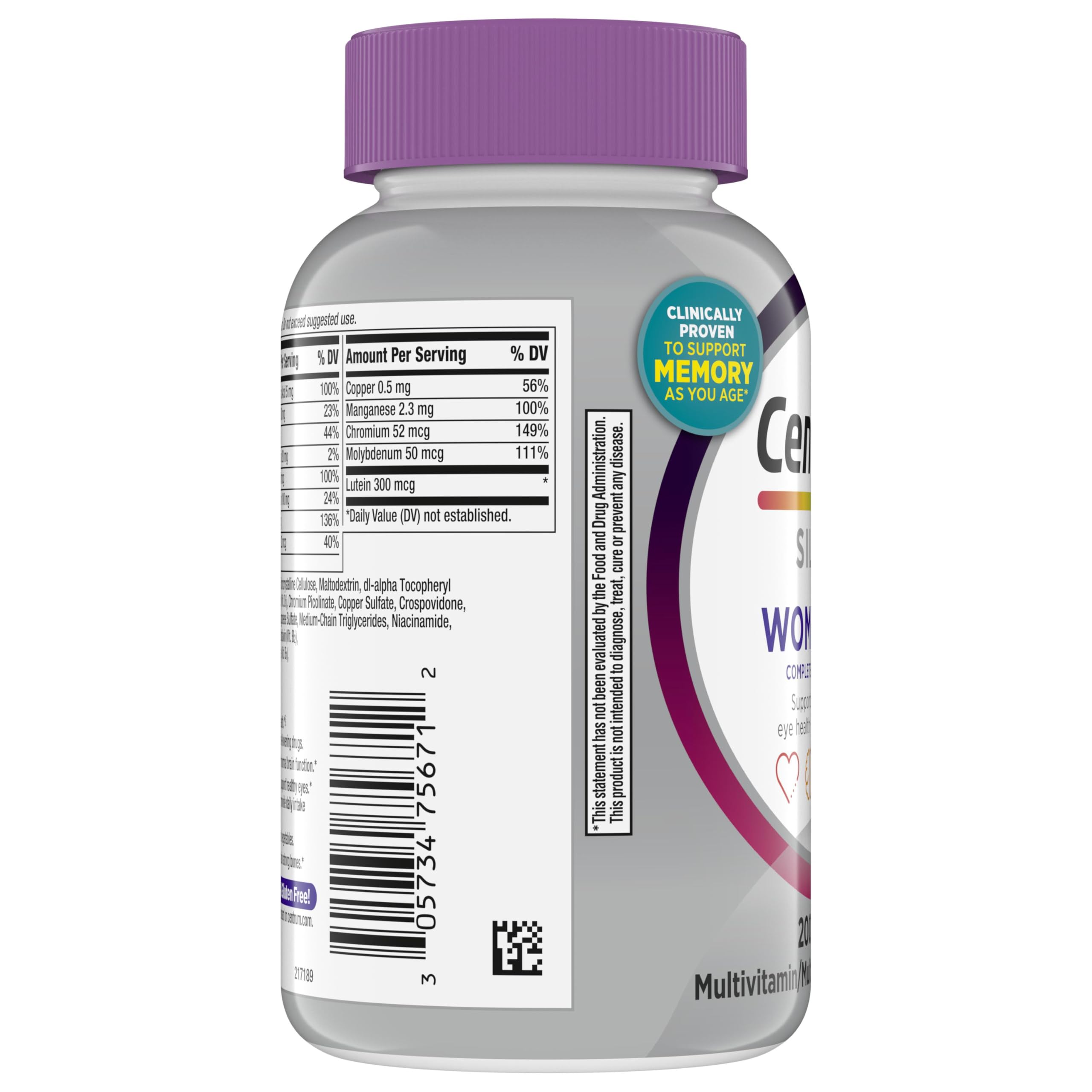 Centrum Silver Women's Multivitamin for Women 50 and Over, 200 Tablets | Contains Vitamin D3, B Vitamins, Calcium, and Antioxidants, Non-GMO Ingredients, Supports Memory and Cognition, GLP-1 Support