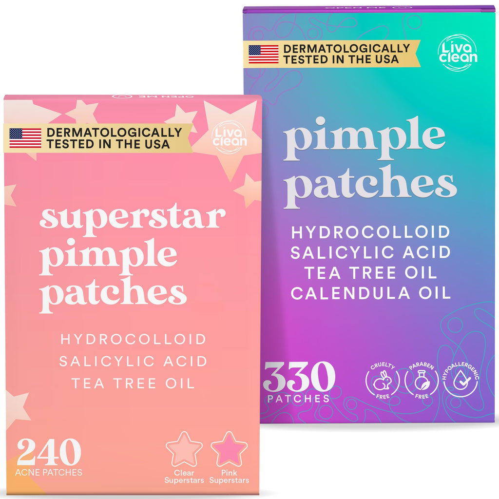 LivaClean 330 CT Pimple Patches for Face w/Salicylic Acid, Tea Tree Oil & Calendula Oil - Four Sizes - Pimple Patch, Hydrocolloid Patch, Acne Patches for Face