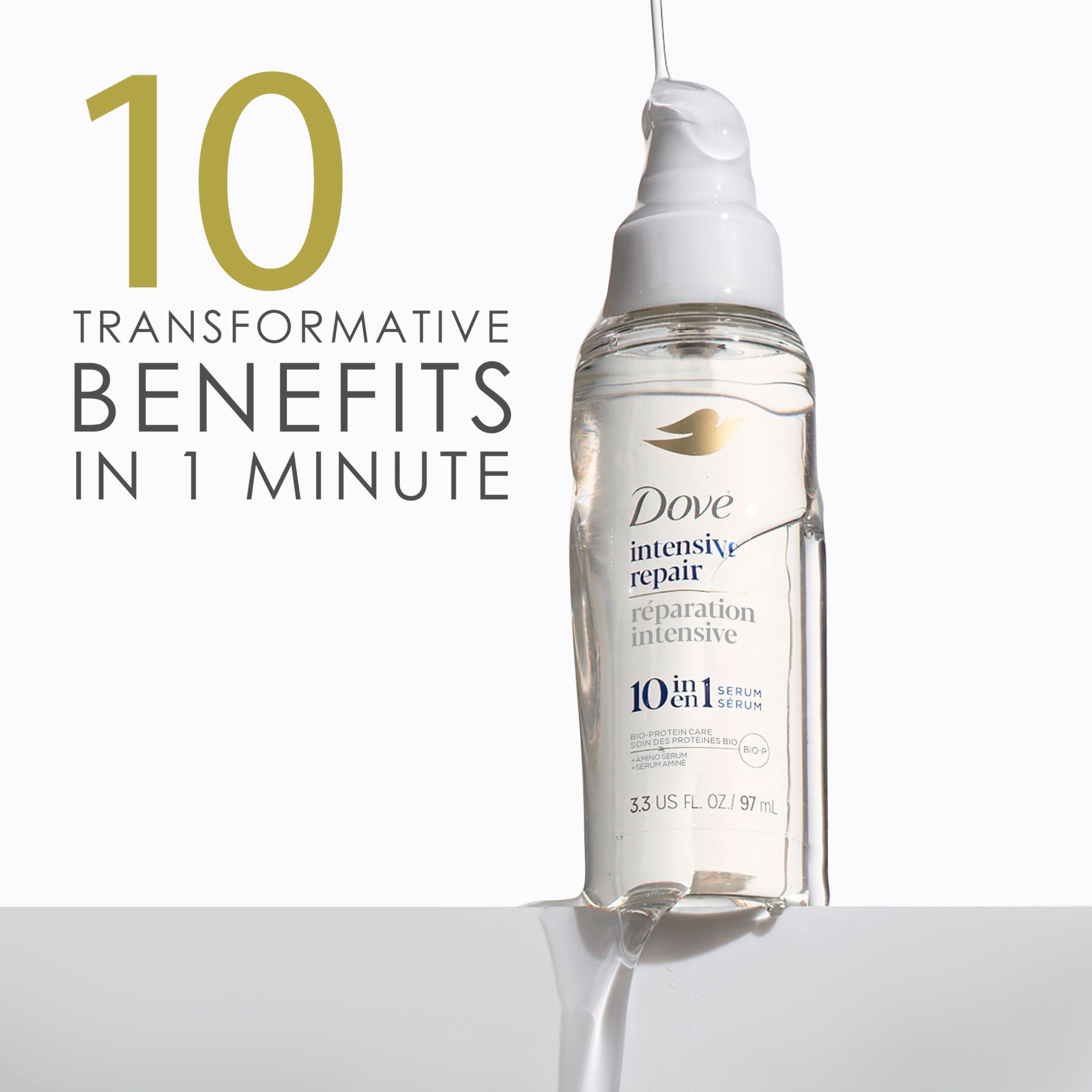 Dove Intensive Repair Serum for Damaged Hair with Amino Serum 3.3oz | Hair treatment provides 72H damage protection, 48H enhanced gloss and 72H smoothness for shinier, healthier-looking hair