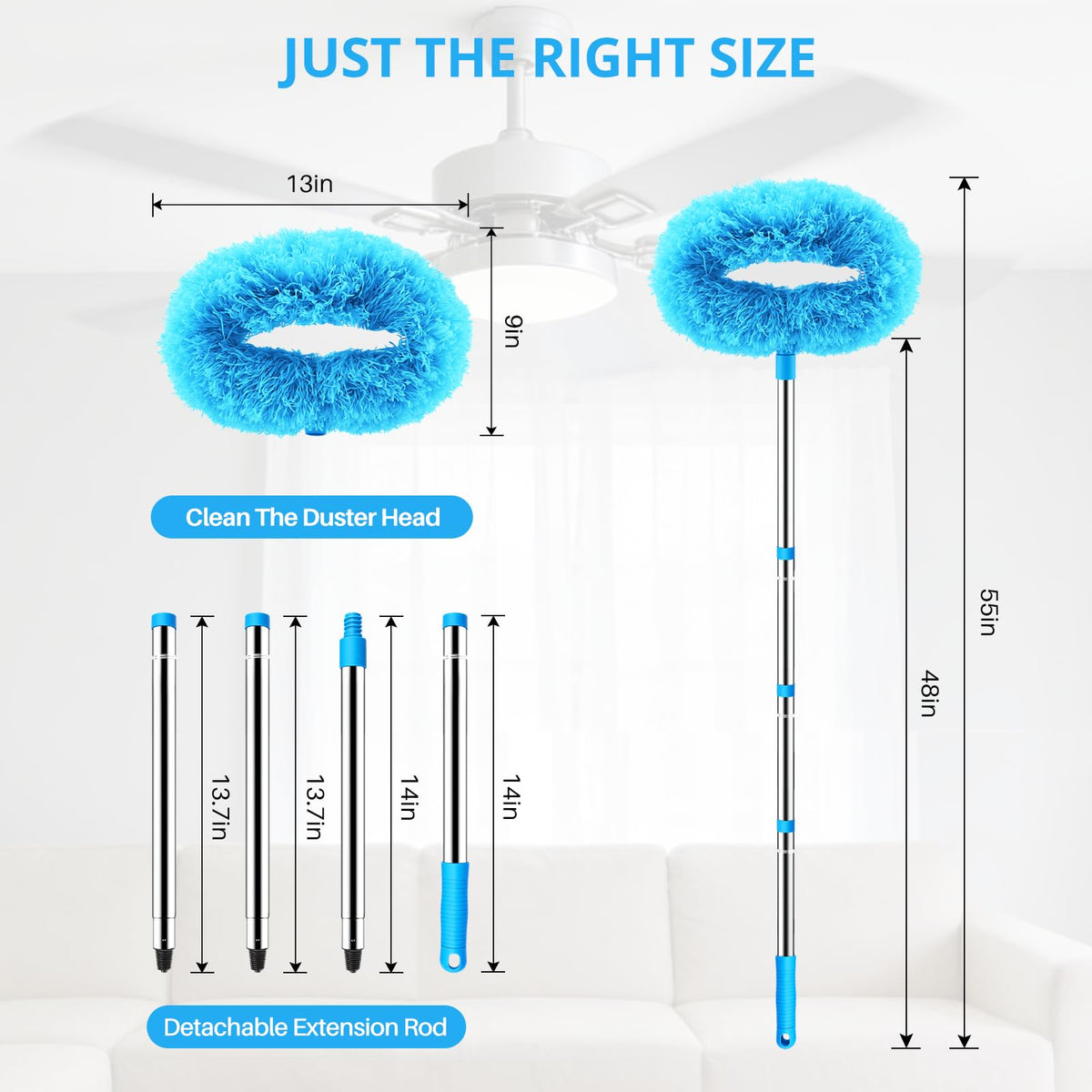 SetSail Ceiling Fan Cleaner Duster, with Extension Pole for Cleaning, Blue