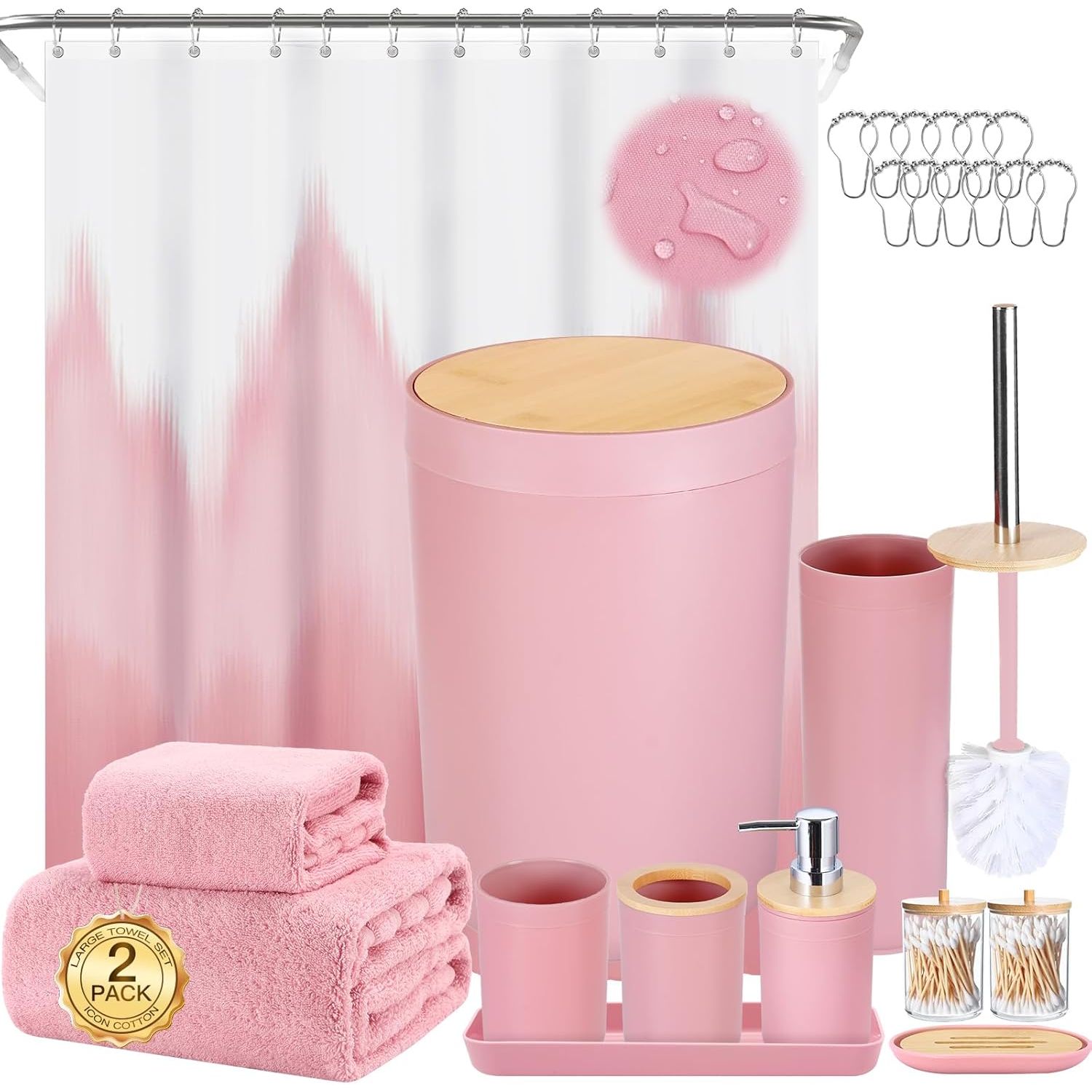 Buy now iMucci 9Pcs Black Bathroom Accessories Set with Trash Can Bathroom Set Black Bathroom Accessories Bathroom Decor Bath Set+Shower Curtain+Bath Towel Set Pink at indiglob india