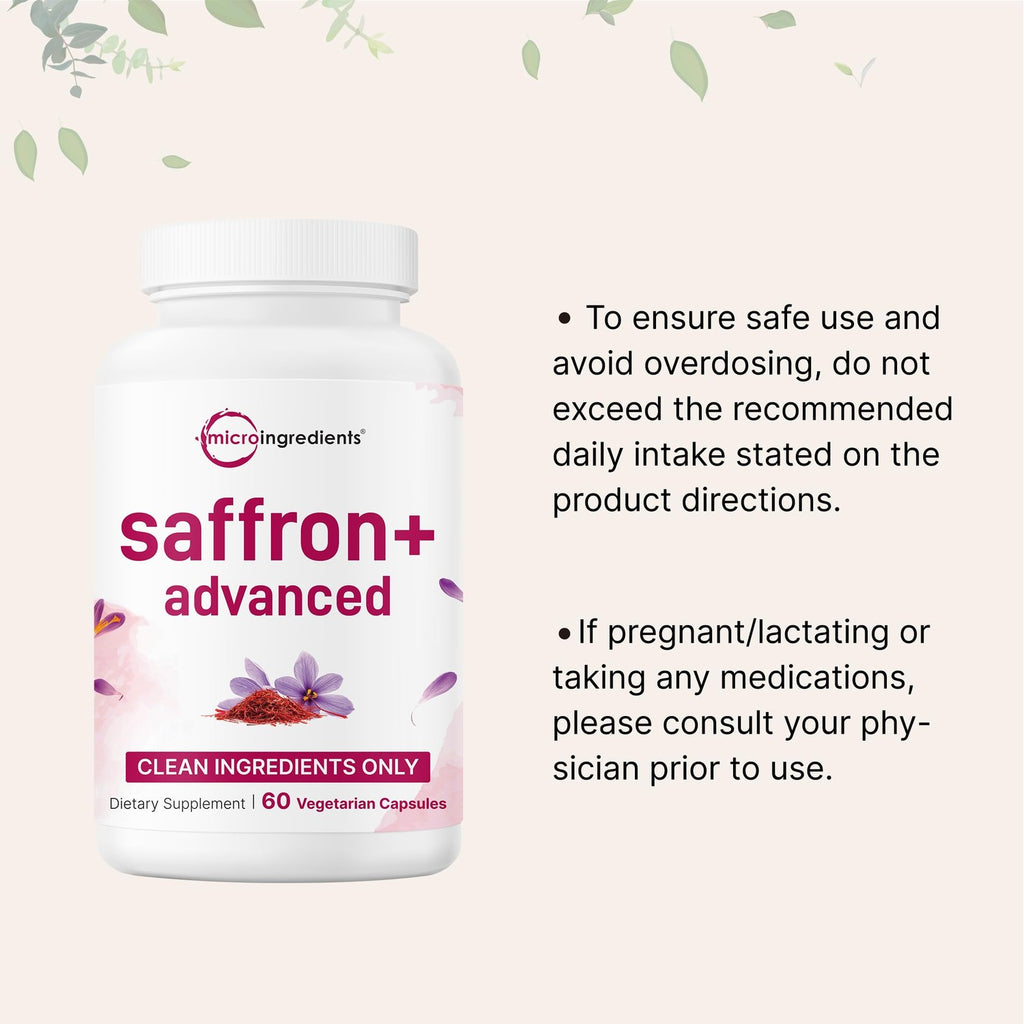 Micro Ingredients Saffron+ Advanced Supplements, 60 Vegetarian Capsules | 10-in-1 with Saffron Extract, Magnesium Glycinate, Turmeric Curcumin, KSM-66 Ashwagandha & Vitamin C. Filler-Free, Non-GMO.