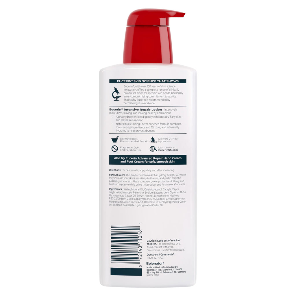 Eucerin Intensive Repair Body Lotion with Urea, AHA and NMF, 16.9 FL OZ | Body Lotion for Dry, Flaky Skin, Enriched with Urea, AHA and NMF, Moisturizes, Gently Exfoliates and Smooths, Fragrance Free