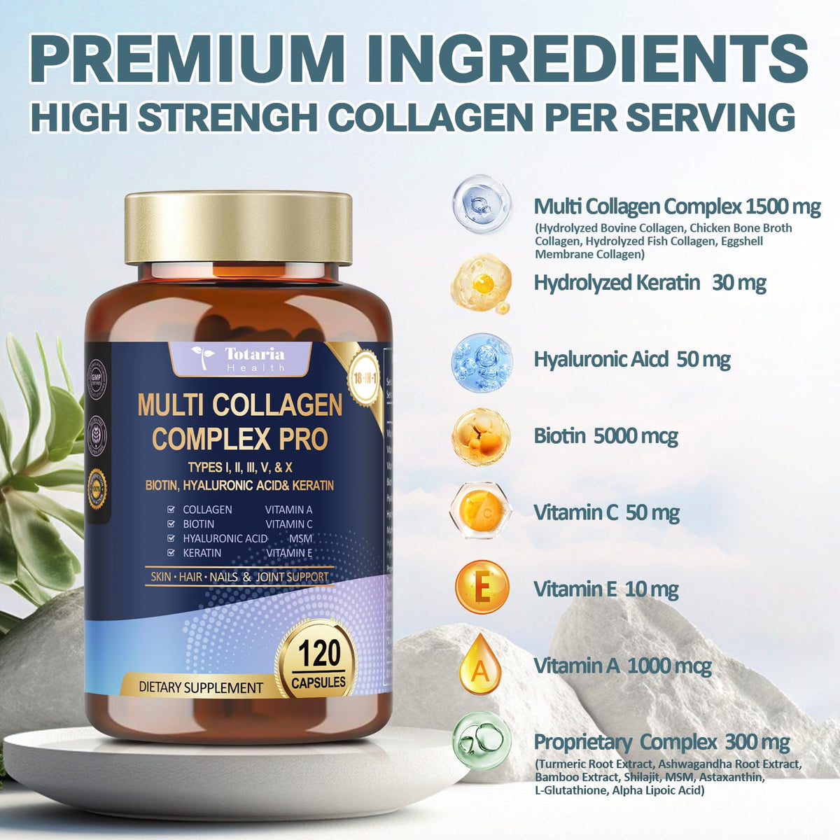 18-in-1 Collagen Pro 1500mg w/Types I II III V X Biotin VIT A C E 120 Caps