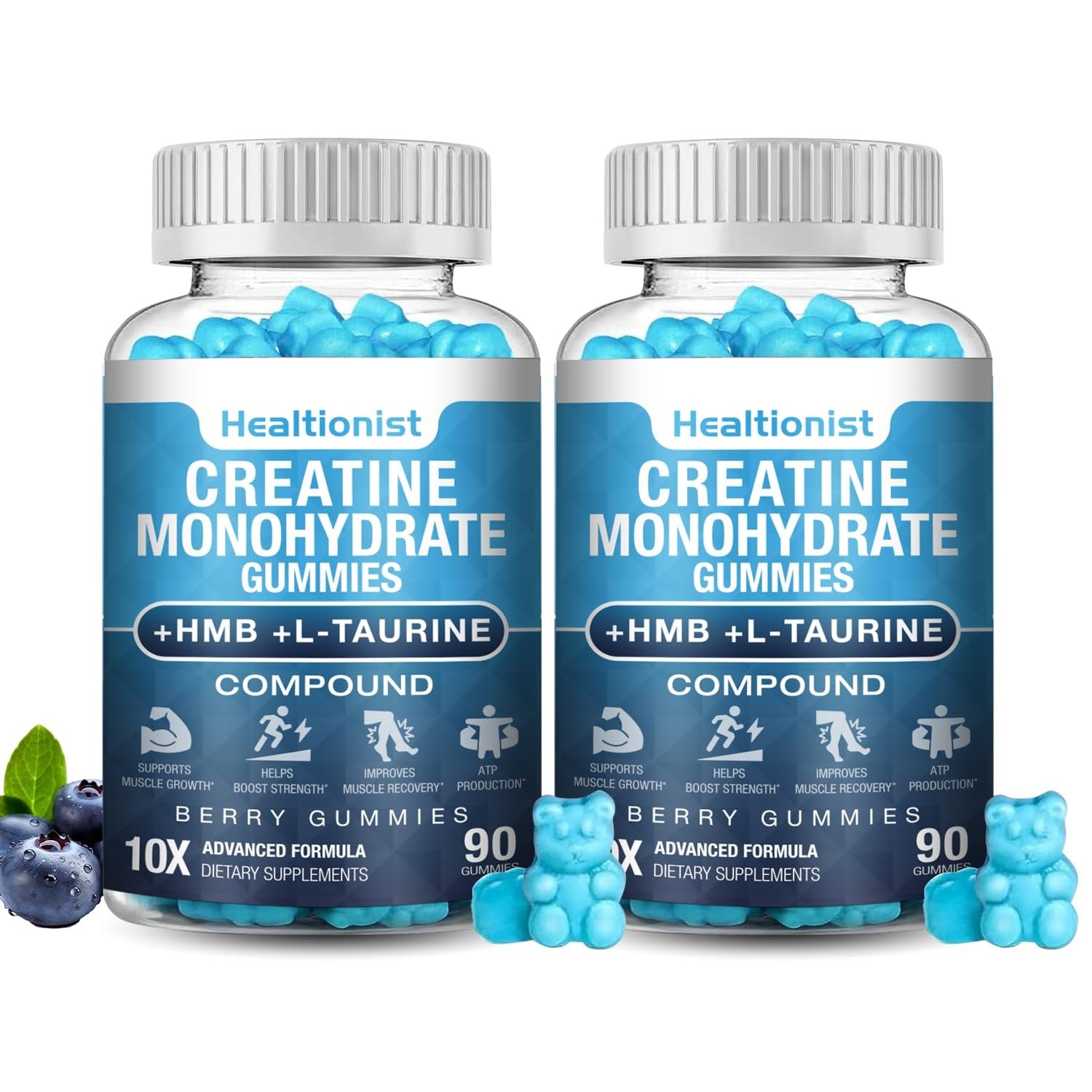 2 Pack 8000MG Creatine HMB Monohydrate Gummies for Men & Women, L-Taurine & Vitamin B6 12, 180 Blueberry Flavor Counts Supplement Gummies (60-Day Supply)