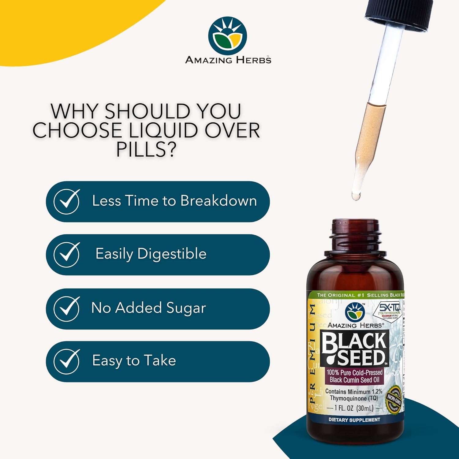 Buy now Amazing Herbs Premium Black Seed Oil - Cold Pressed Nigella Sativa Aids in Digestive Health, Immune Support, Brain Function, Joint Mobility, Gluten Free, Non GMO - 1 Fl Oz at indiglob india