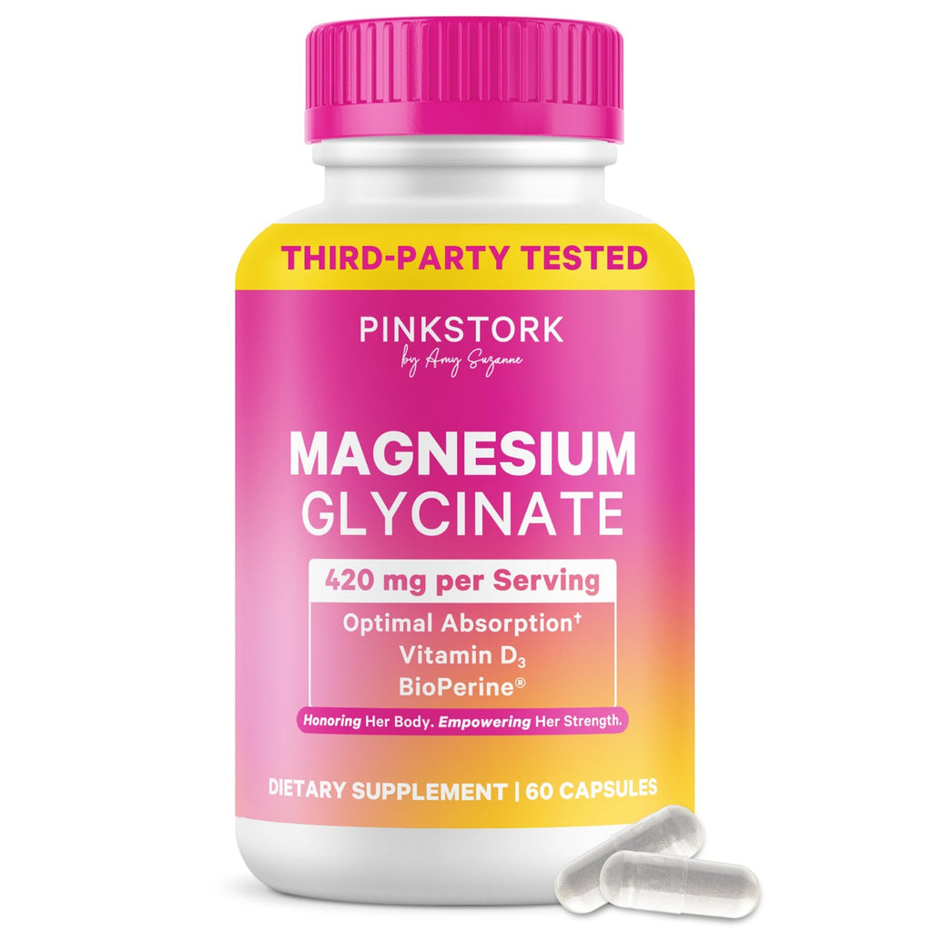 Pink Stork Magnesium Glycinate 420mg, Berry Essence, 60 Capsules | With Vitamin D, Supports Natural Calm, Mood, and Sleep, Hormone Balance for Women, 1 Month Supply