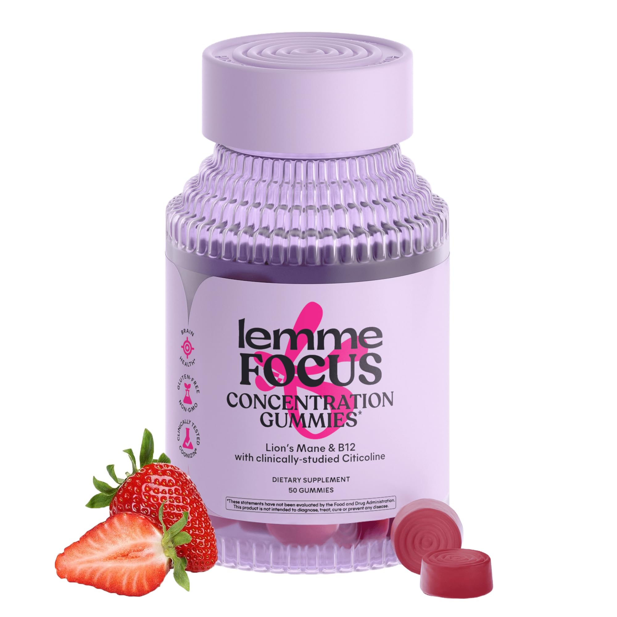 Lemme Focus Concentration & Brain Health Gummies (50 Gummies) | Cognizin Citicoline, Lion's Mane Mushroom, Vitamin B12 to Support Focus + Concentration - Gluten Free, Caffeine Free