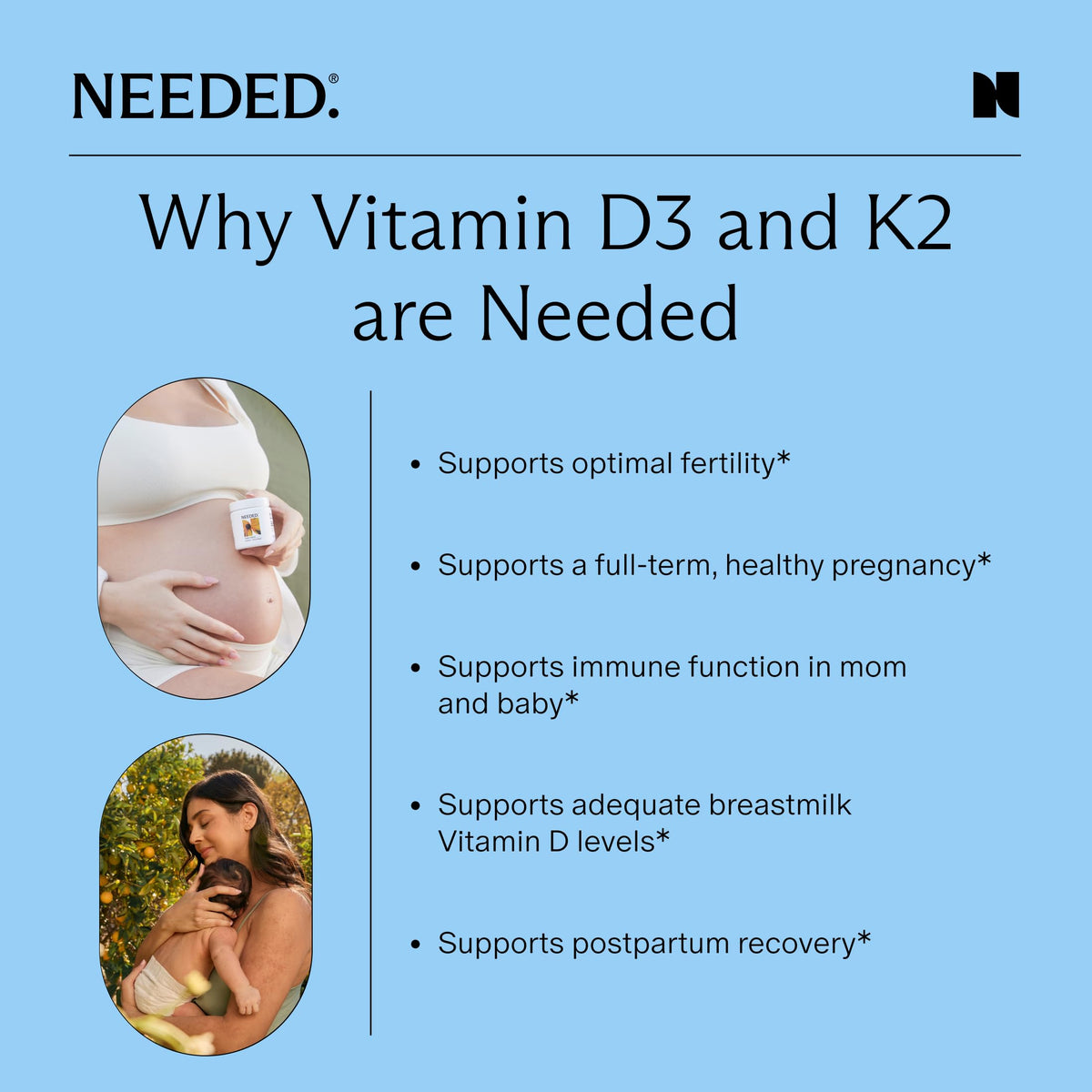 Needed. Expertly-Formulated Prenatal Vitamin D3/K2 | for Fertility, Pregnancy Breastfeeding, and Postpartum, Healthy Immunity and Bone Development, Supports Breast Milk Vitamin D Levels | 60 Capsules