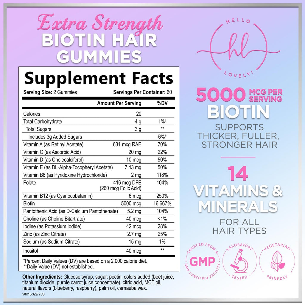 Hair Vitamins Gummies for Hair Growth - Hair, Skin & Nails Beauty Complex with 5000mcg Biotin per Serving - Supports Thicker, Stronger, Radiant-Looking Hair for Women & Men, Berry Flavor - 120 Gummies