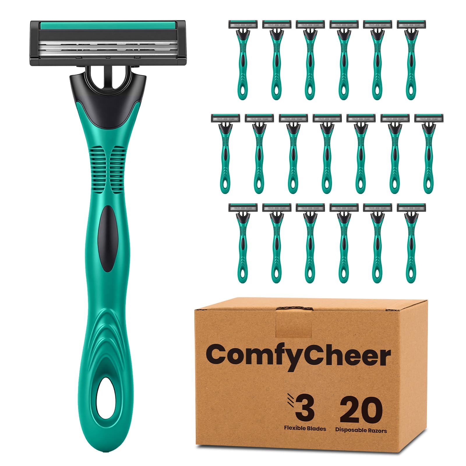 20 count Disposable Razors Blades for Men，3-Blade Razors，Bulk Stainless Steel Shavers with Lubricating Strip for Shaving Sensitive Skin