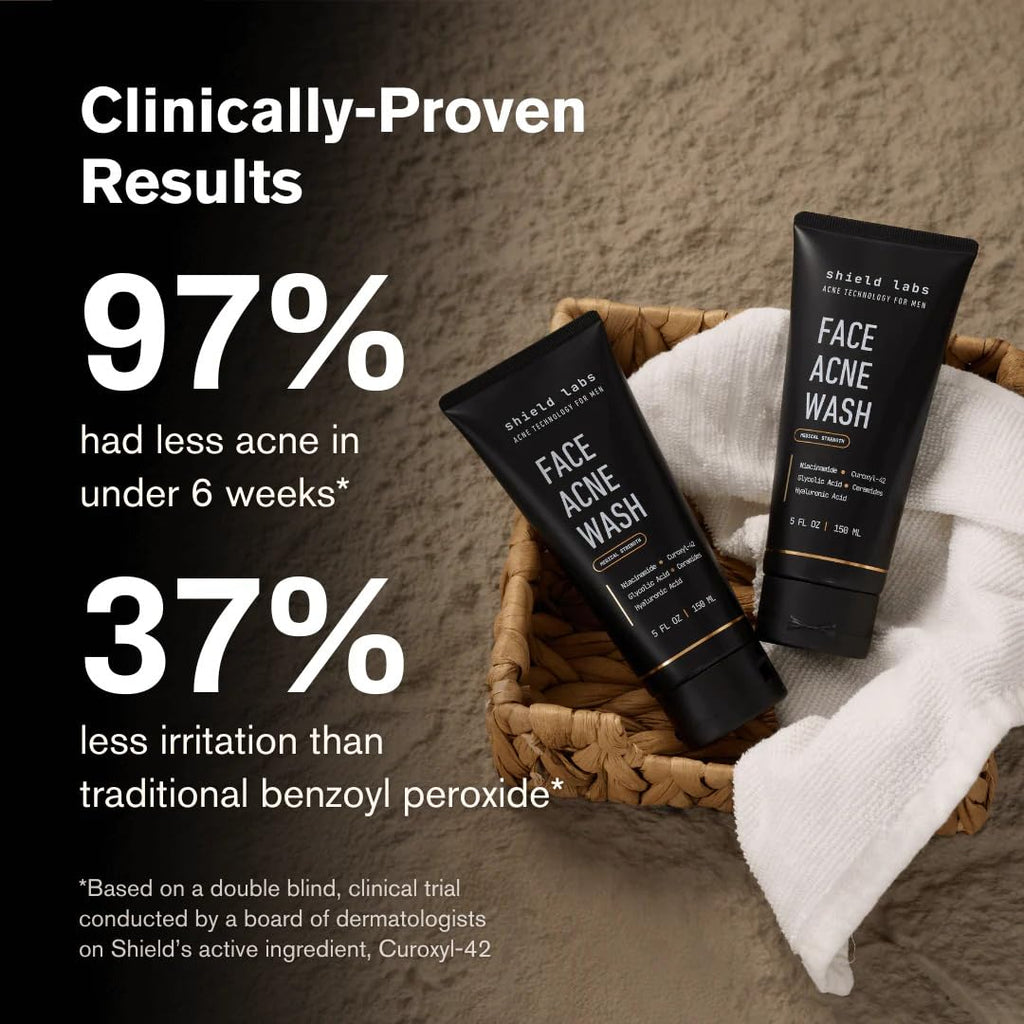 Shield Face Acne System for Men and Boys, Easy 3-Step Clear Skin Kit with 4% Benzoyl Peroxide Face Wash, Adapinoid Spray and Manuka Honey Moisturizer, Clears Breakouts and Balances Oily Skin