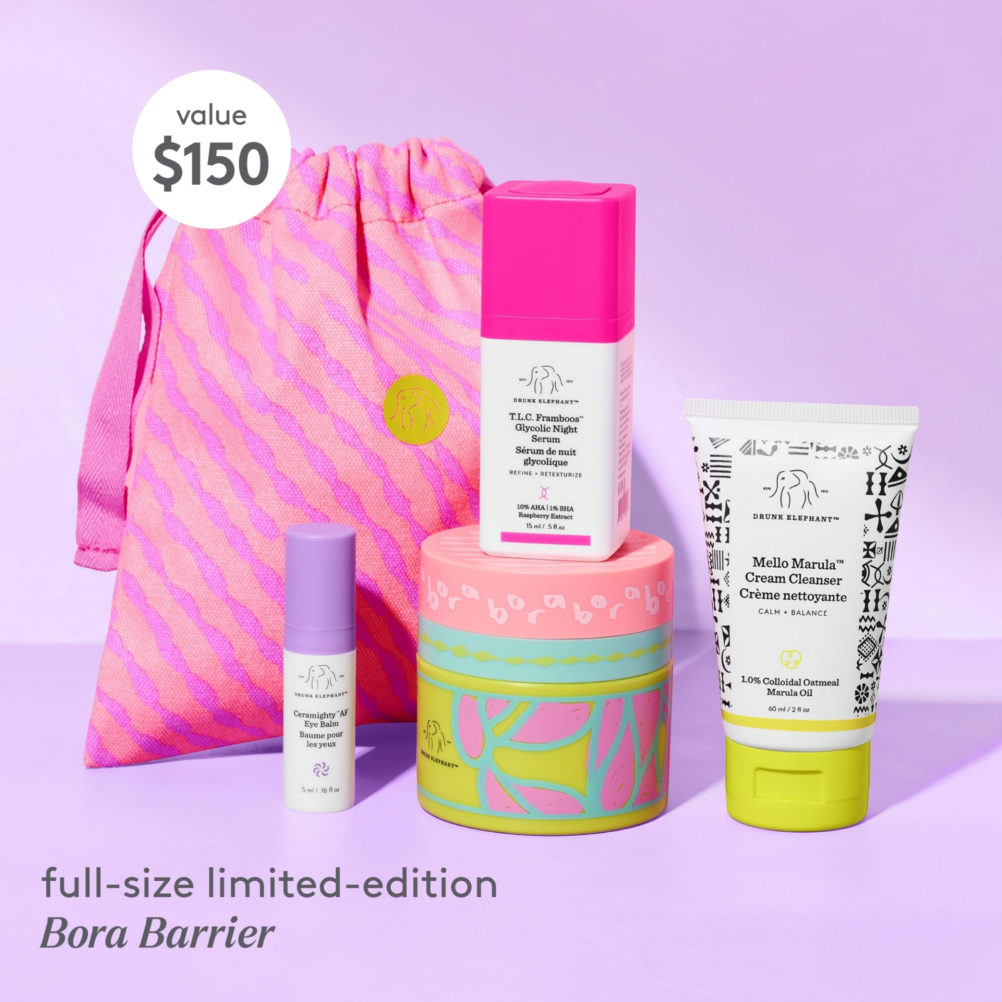 Buy now Drunk Elephant Opening Night Kit - Bora Barrier Cream (50ml/1.69 fl oz), Mello Marula Cream Cleanser (60ml/2 fl oz), TLC Framboos Glycolic Night Serum (15ml/.5 oz), Ceramighty Cream (5ml/.16 fl oz) at indiglob india