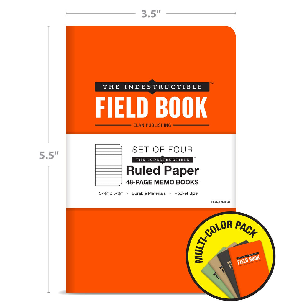 Elan Publishing Company The Indestructible, Waterproof, Tearproof, Weatherproof Field Notebook - 3.5"x5.5" - Combo Colors - Lined Memo Book - Pack of 4