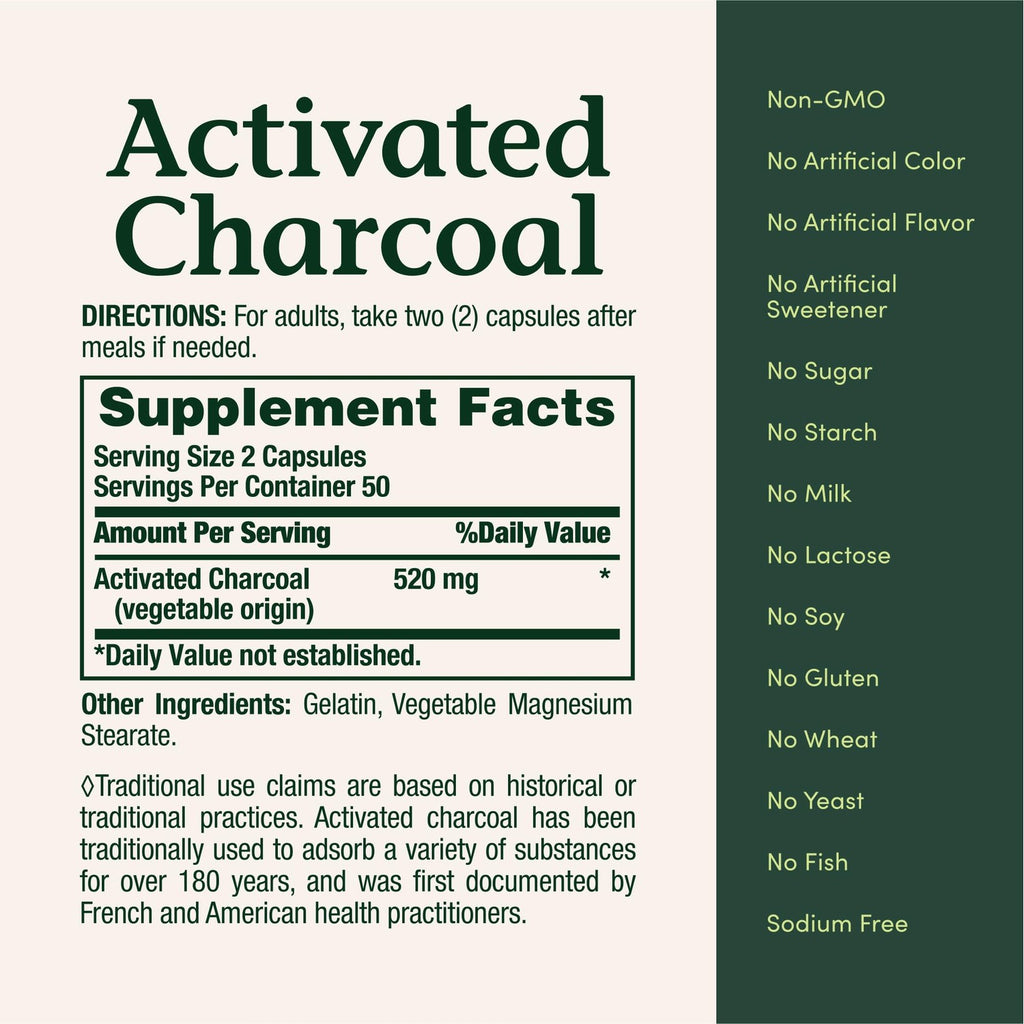 Nature's Bounty Activated Charcoal 260 mg, 100 Capsules