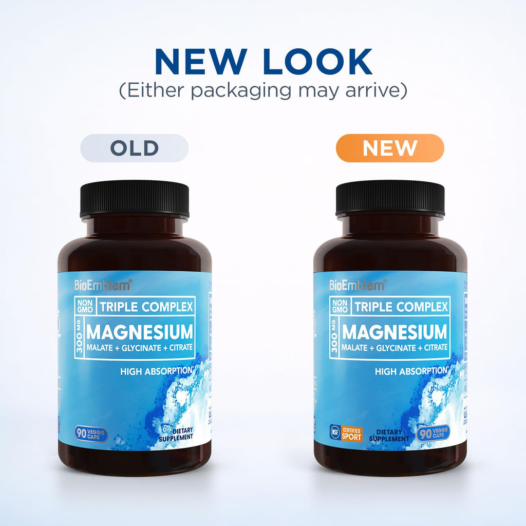 BioEmblem Magnesium Glycinate Complex, 300mg Per Serving, 90 Capsules | Triple Magnesium Citrate & Malate - NSF & Labdoor Certified - Muscle & Nerve Function - Vegan, Non-GMO Chelated Formula