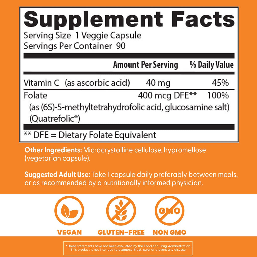 Doctor's Best Fully Active Folate with Quatrefolic400 mcg, Healthy Mood, Memory, Circulation, Well-Being, 90 VC