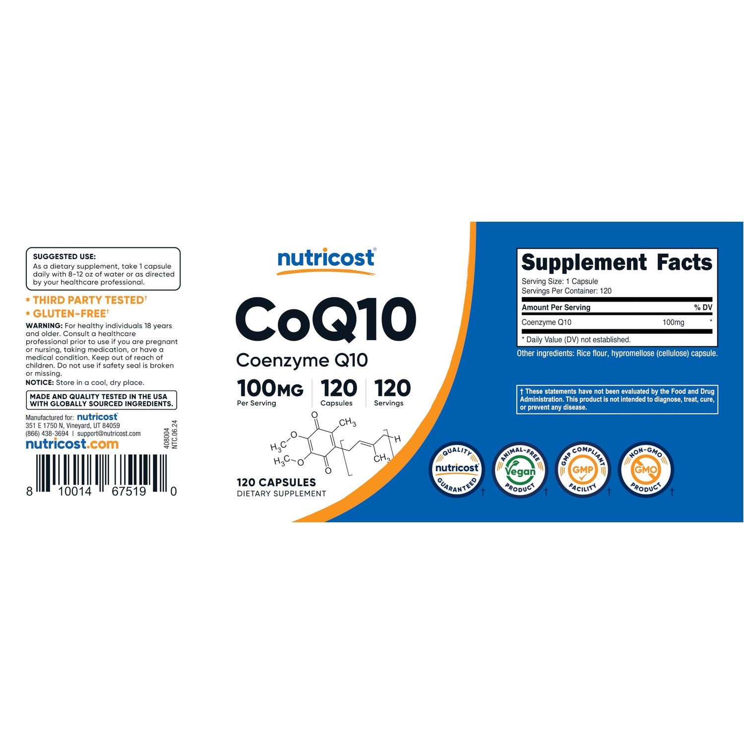 Nutricost CoQ10 100mg, 120 Vegetarian Capsules, 120 Servings, GMO-Free | High Absorption Coenzyme Q10