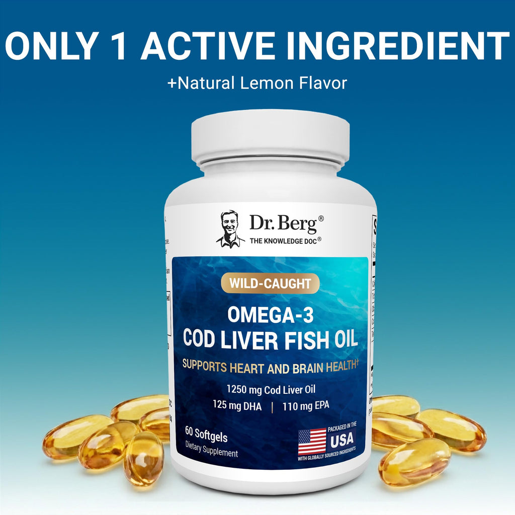 Dr. Berg Omega-3 Cod Liver Fish Oil 60 Softgels – Wild-Caught Icelandic Cod – Omega 3 EPA & DHA – Heart, Brain, Immune & Eye Support* – Lemon Flavor – 4X Lab-Tested – Non-GMO, No Fillers