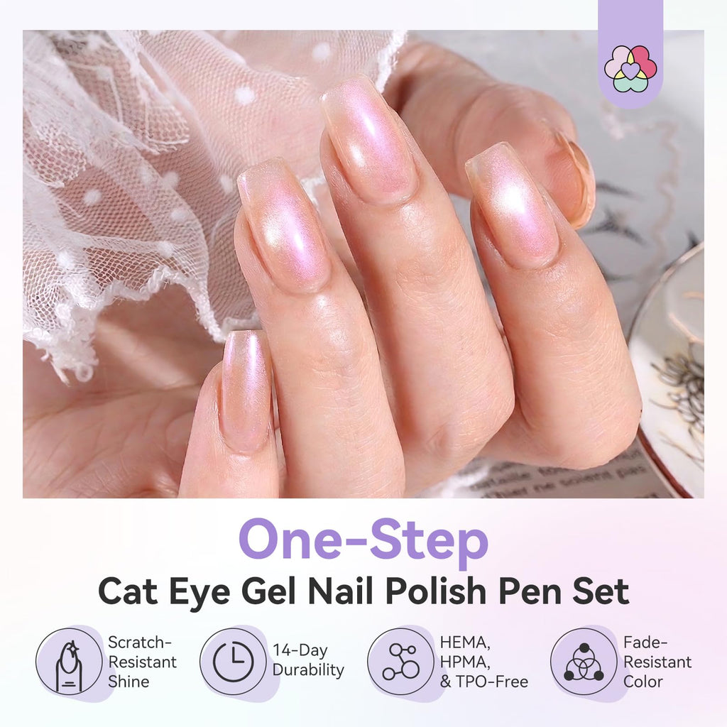 Premium imported SAVILAND One-Step Cat Eye Gel Nail Polish Pens offer 14-day durability, scratch-resistant shine, and fade-resistant color.
