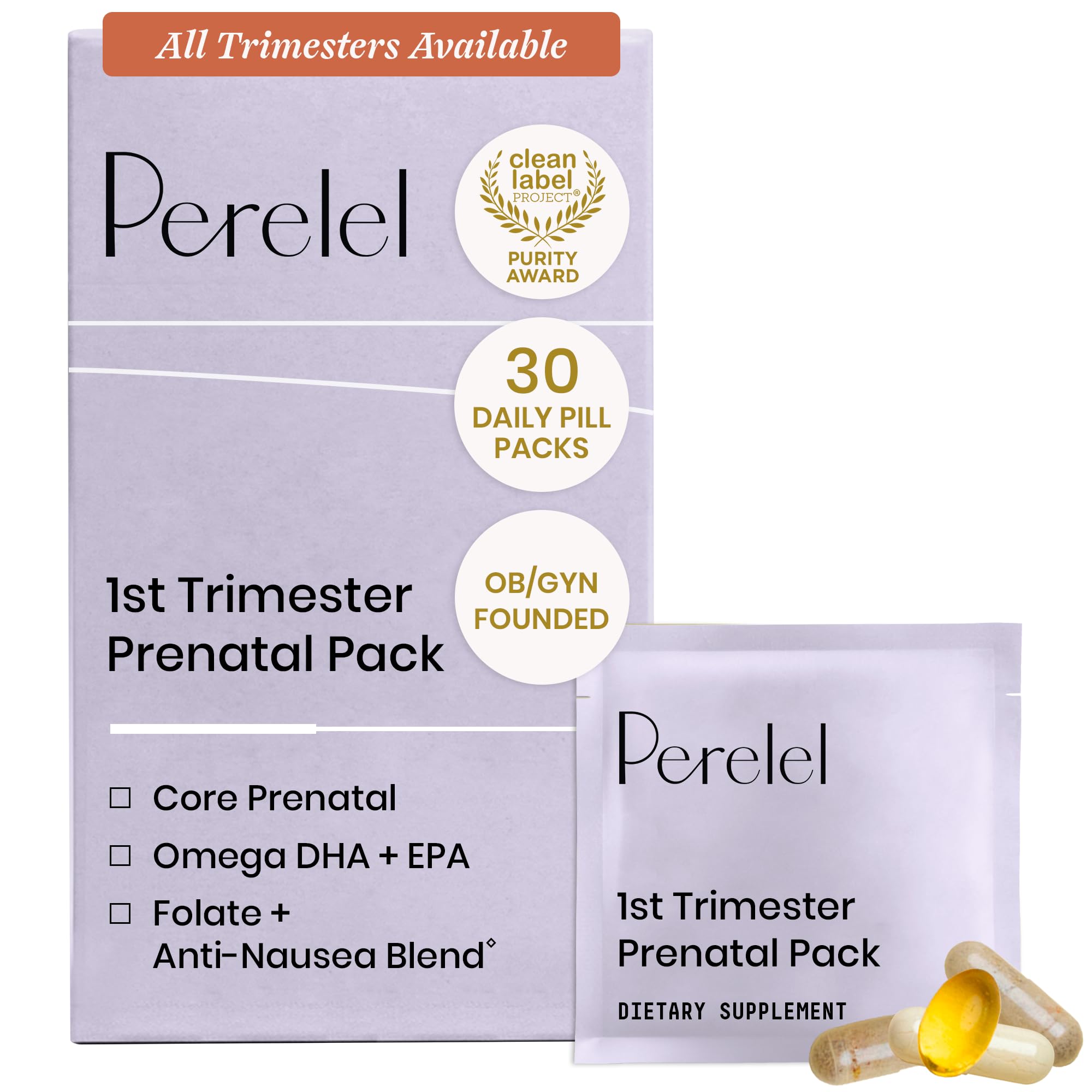 Perelel 2nd Trimester Prenatal Vitamins for Women, Choline, Folate, & Iron | Nutritional Support for Mid Pregnancy, Folate, Omega 3, & Vitamin D, Soy & Gluten Free, Non-GMO, 30 Daily Pill Packs