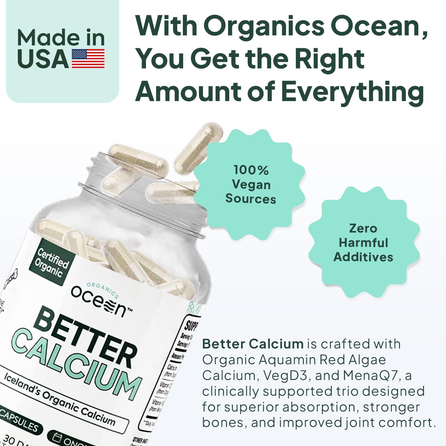 Organics Ocean Better Calcium - Organic Red Algae Calcium with Vitamin D3 and K2 Supplements - Supports Bone Structure, Joint Comfort & Encourages Healthy Aging - Plant-Based, Non-GMO - 6 Pack