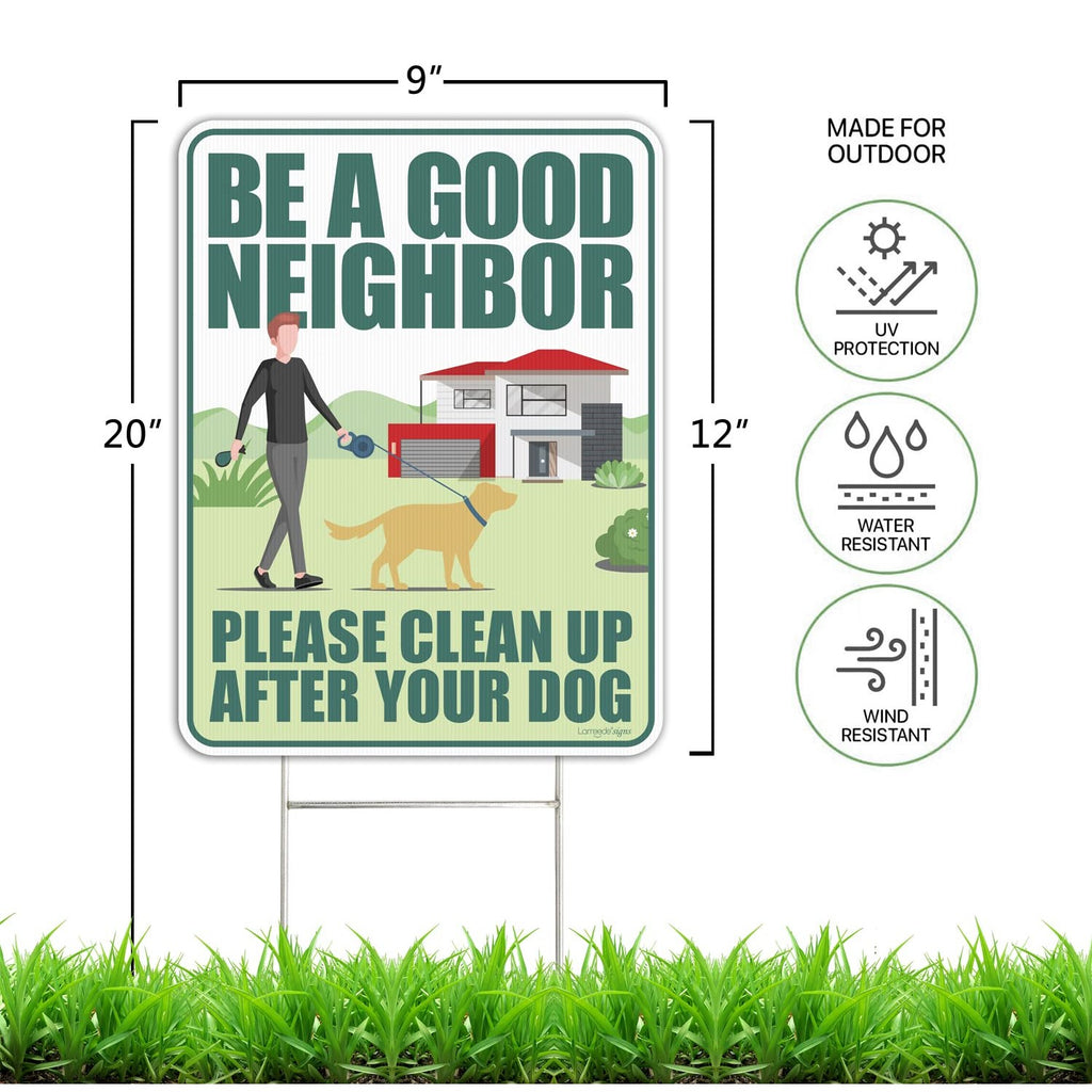 Clean Up After Your Dog Signs 2 Pack 12"x9" with Metal Stake, No Pooping Signs for Yard, Pick Up After Your Dog Signs