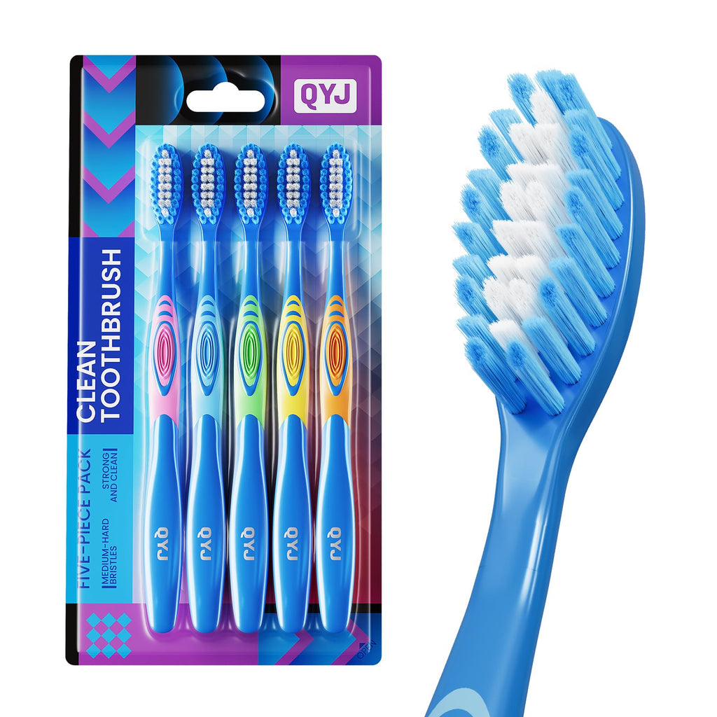 Medium Bristle Toothbrush for Adults, Manual Whitening Brush with Spiral Bristles Removes Smoke, Tea & Coffee Stains – Deep Plaque Clean, Rounded Tips for Gum Safety，5 Pack
