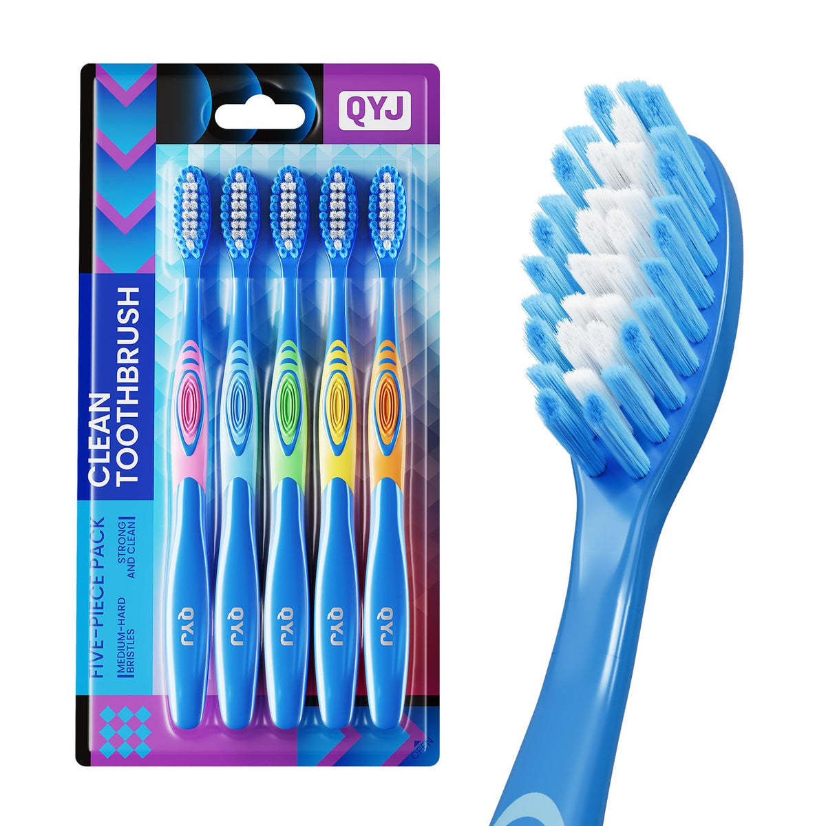 Medium Bristle Toothbrush for Adults, Manual Whitening Brush with Spiral Bristles Removes Smoke, Tea & Coffee Stains – Deep Plaque Clean, Rounded Tips for Gum Safety，5 Pack